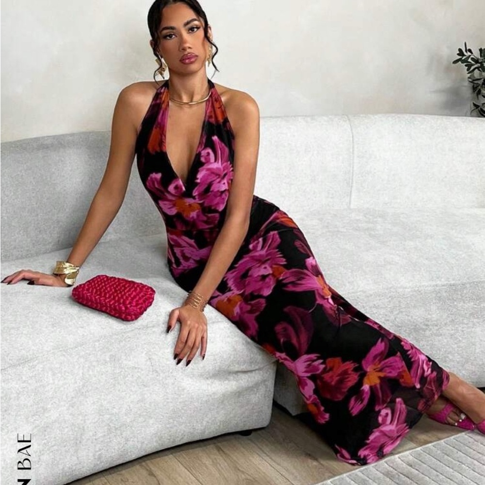 Black and Pink Halter Maxi Sundress